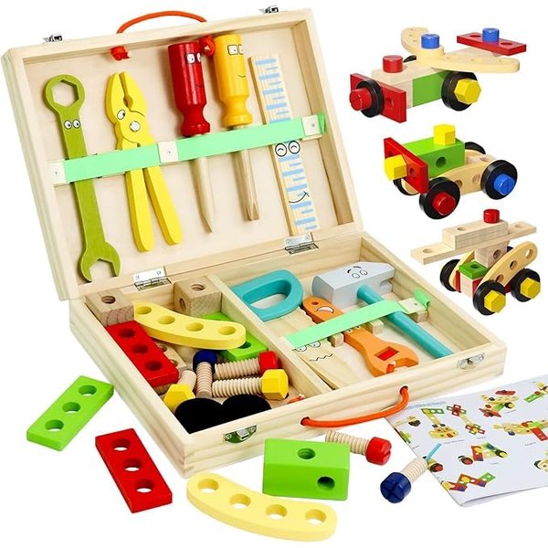 Montessori Wooden Toddler Tools Set, STEM Building Construction Toys Learning for 2 3 4 5 Years Old, Portable Tool Box for Kids, Best Christmas Birthday Gifts for Boy Girl