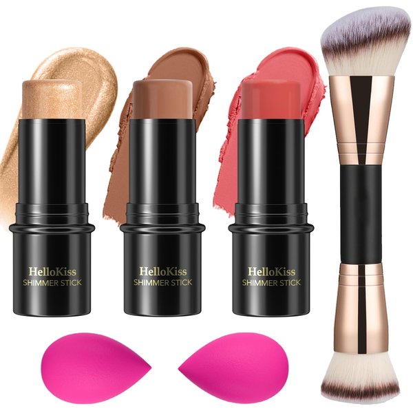 3 Pcs Cream Contour Stick Makeup Kit, Shades with Highlighter Stick, Blush Stick and Bronzer Contour Stick for Sculpt the Cheeks, Waterproof, Matte & Dewy Finish (Medium,#04+#07+#14)
