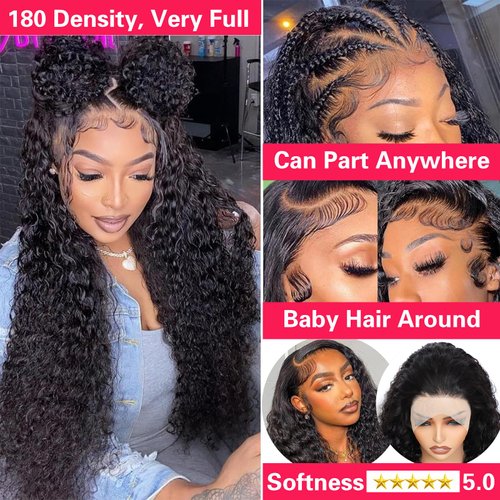 PUNUBO 13x6 Deep Wave Lace Front Wigs Human Hair Glueless Wigs Human Hair 180% Density HD Transparent Lace Front Wigs Human Hair Pre Plucked Bleached Knots Curly Lace Front Wig Human Hair 20 Inch