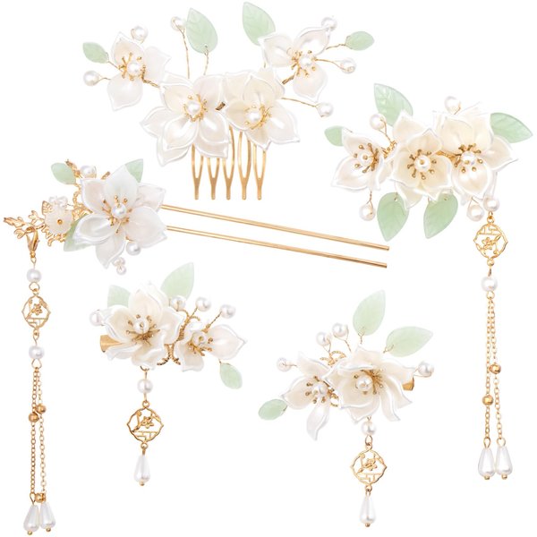 HINZIC 5PCS Camellia Flower Tassels Hairpin, Crystal Rhinestone Pearl Hair Clips Headpiece Retro Chinese Hanfu Wedding Brides Hair Accessories Korean Jewelry for Women Girls Updo Long Hair