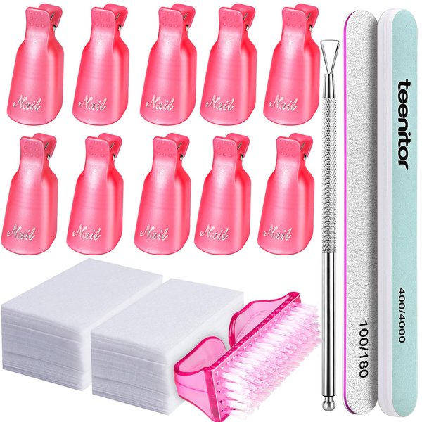 Teenitor Nail Gel Remover Tools Kit with Pink Polish Remover Clips, Cuticle Peeler Scraper, Gel Nail Brush, 115 Pack Nail Wipe Cotton Pads, Nail File Grits 120/180 Buffer Block Grits 400/4000
