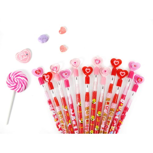 TINYMILLS 24 Pcs Valentine's Day Heart Multi Point Pencils Party Favors Goodie Bag Stuffers Classroom Exchange Valentine's Day Pencils Party Supplies Heart Pencils