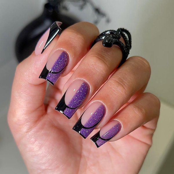 Vezocim Purple Press on Nails Square French Tips 24Pcs Glossy Full Cover Medium Acrylic Square False Nails with Designs Artificial Coffin Reusable Fake Nails Glue ons Fingernails for Women Girls