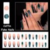 MISUD Long Coffin Press on Nails Ballerina Fake Nails Glossy Glue on Nails Black French Tip Acrylic Nails Green Bling Glitter Artificial Nails 3D Rhinestone Stick on False Nails with Design 24 pcs