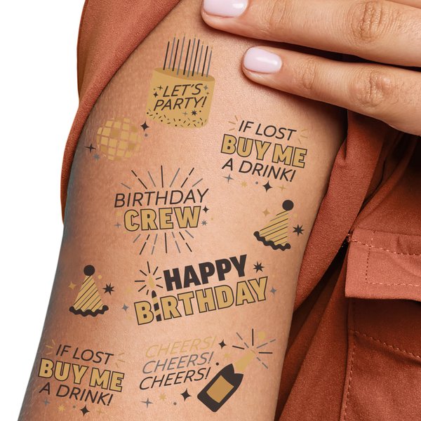 Big Dot of Happiness Happy Birthday Gold Temporary Tattoos for Adults, Birthday Party Favors, Night Out Accessory, Black and Gold Party Supplies, 12 Sheets