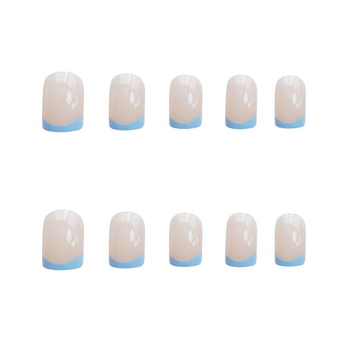 MERVF Short Press on Nails Square Blue Tip French Fake Nails Squoval Acrylic Nails Glossy 24pcs False Nails Press ons Glue on Nails