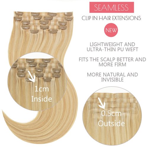 Clip in Hair Extensions 100% Remy Human Hair New Technology PU Weft Seamless Hair Extensions Natural Straight Light Golden Brown Mixed With Platinum Blonde Piano #12/60A 14inch 110gram 7pcs