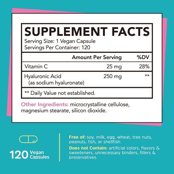Gutcha Hyaluronic Acid, Ultra Strength with Vitamin C, Low Molecular Weight, High Stability & Bioavailability, Anti-Aging Formula for Joints, Skin & Eyes, Vegan, Once Daily, Non-GMO, 120 Caps