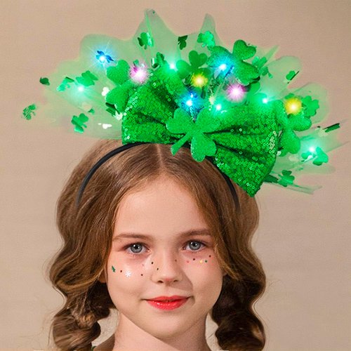 Kilshye St Patricks Day Headband Green Light Up Shamrock Headpeice Sequin Bow Headbands Irish Costume Hair Accessories for Women and Girls