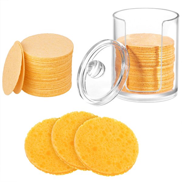 Geiserailie 50 Pieces Compressed Natural Facial Sponges Round Soft Face Exfoliator Cleansing Sponge Reusable Cosmetic Sponge with Clear Plastic Sponge Storage Jar, Makeup Removal (Yellow)