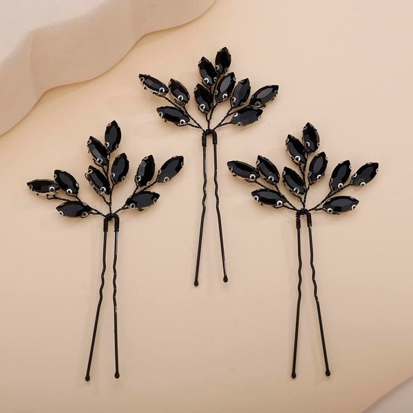 Rumtock 3pcs Gothic Black Crystal Hair Pins Set for Wedding Brides Women Girls Handmade Sparkle Hair Jewelry Piece (Black)