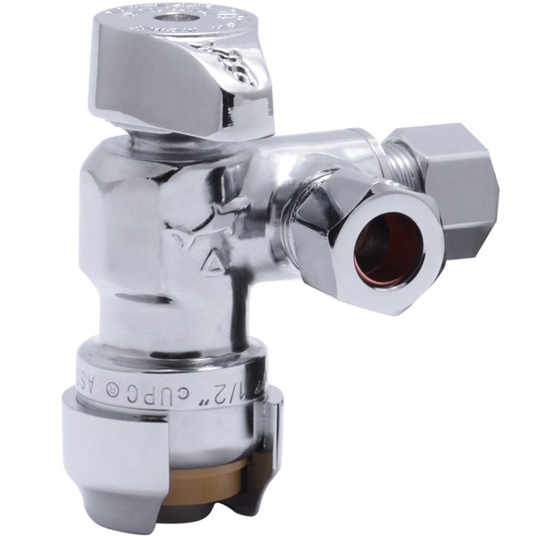 SharkBite 1/2 x 3/8 Inch Compression Dual Outlet Angle Stop Valve, Quarter Turn, Push to Connect Brass Plumbing Fitting, PEX Pipe, PE-RT, CPVC, Copper Pipe, 25558LF