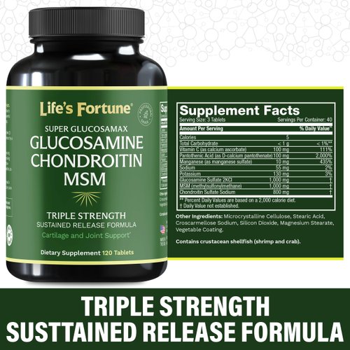 Life's Fortune Triple Strength Glucosamax - 1000mg Premium Glucosamine, Chondroitin and MSM Supplement with Vitamin C for Joint Comfort & Mobility, 120 Tab
