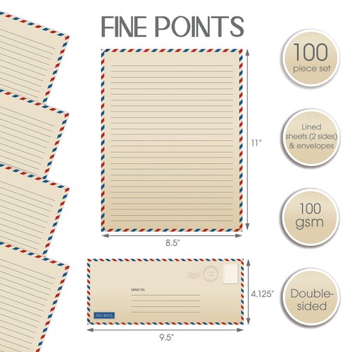 Vintage Airmail Stationery Paper Set, 100-Piece Set (50 Lined Sheets + 50 Matching Envelopes), Letter Size 8.5 x 11 inch, Double Sided & Lined Paper, by Better Office Products