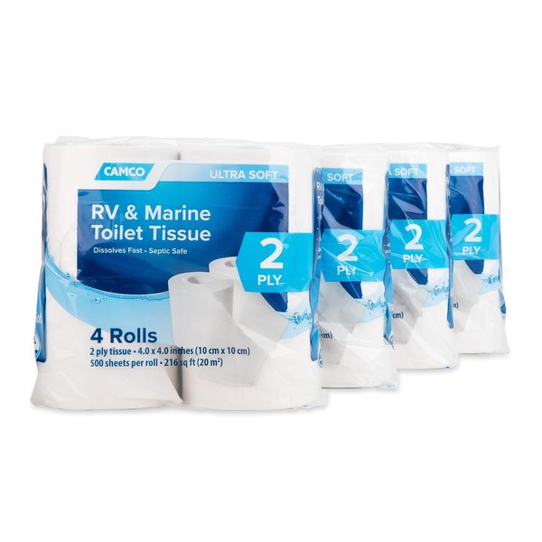 Camco RV Bathroom Toilet Tissue - 4 Rolls Sewer-Safe, Septic-Safe, Biodegradable 2-Ply Bath Tissue Designed for Trailer, Motorhome, & Marine Sanitation Systems (40274), White