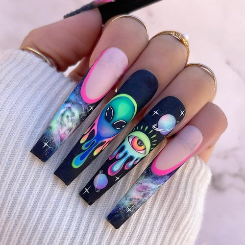 Pikabows Press On Nails Extra Long Matte Coffin Black Dark Ombre Evil Eye Alien Halloween Fake Nails Acrylic False Nail Tips Kit Glue on Nails for Women