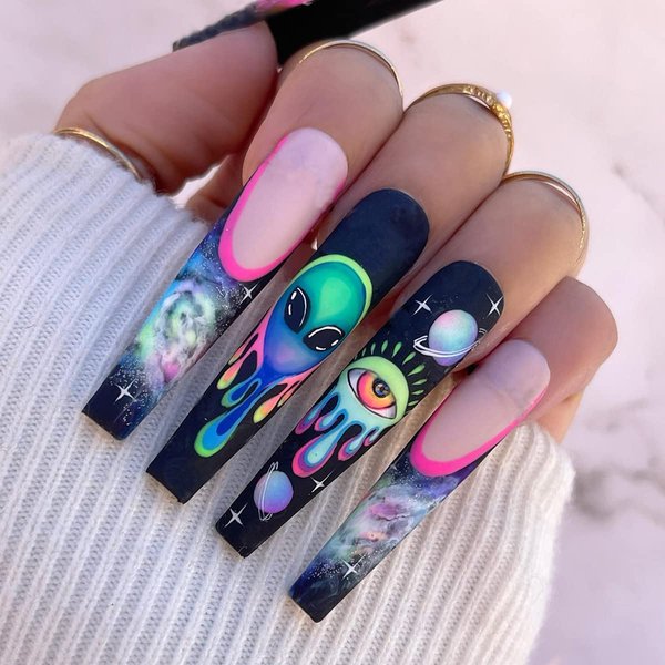 Pikabows Press On Nails Extra Long Matte Coffin Black Dark Ombre Evil Eye Alien Halloween Fake Nails Acrylic False Nail Tips Kit Glue on Nails for Women