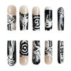 24Pcs Square French Tip Press on Nails Long Fake Nails Punk Cartoon Anime Design Nail Art Supplies Black White Full Cover Coffin False Nails Glue on Nails for Women Girls Manicure Decoration Decor