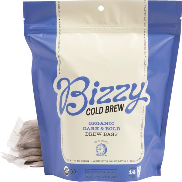 Bizzy Organic Cold Brew Coffee | Dark & Bold Blend | Coarse Ground Coffee | Dark Roast | Micro Sifted | Specialty Grade | 100% Arabica | Brew Bags | 4 Count | Makes 14 Cups