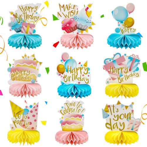 9 Pcs Colorful Birthday Themed Honeycomb Centerpiece, Happy Birthday Decorations Set Table Topper Birthday Supplies for Kids Birthday Party Baby Shower (B)