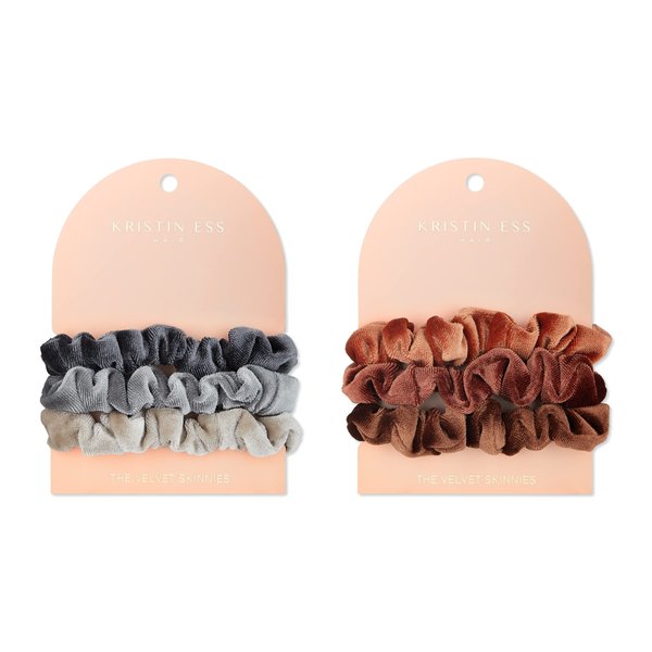 Kristin Ess Hair Velvet Skinnies Scrunchie Set for Women - No Crease Scrunchies + Gentle Hair Ties For All Hair Types - Ponytail Holders, Elastic Hair Ties - Grey and Red 6 pack
