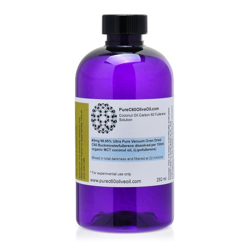 PureC60OliveOil C60 Organic MCT Coconut Oil 250ml / 8.5 Fl Oz - 99.95% Carbon 60 Solvent Free 100mg - Food Grade - Carbon 60 Coconut Oil - From The Leading Global Producer