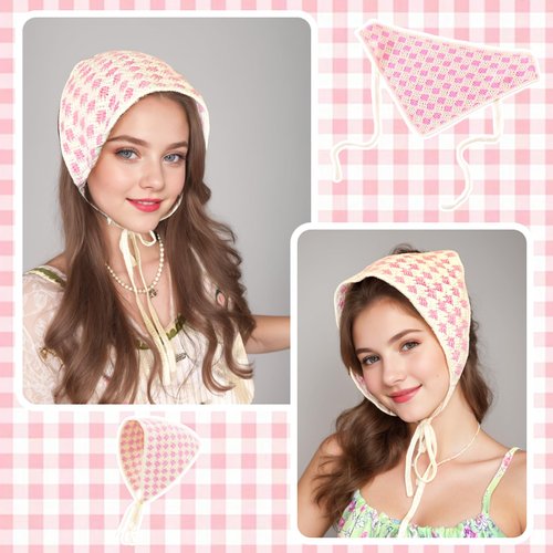 Jaczora 3 PACK Vintage Plaid Crochet Bandana, Bandana Headband Crochet Head Scarf, Knitted Head Kerchief Hair Scarf Hair Bandana for Women Girls