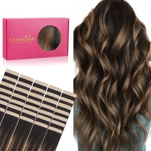 WENNALIFE Tape in Hair Extensions Human Hair, 40pcs 100g 16 inch Balayage Dark Brown Mixed Chestnut Brown Hair Extensions Real Human Hair Straight Tape in Extensions Invisible Human Hair Extensions