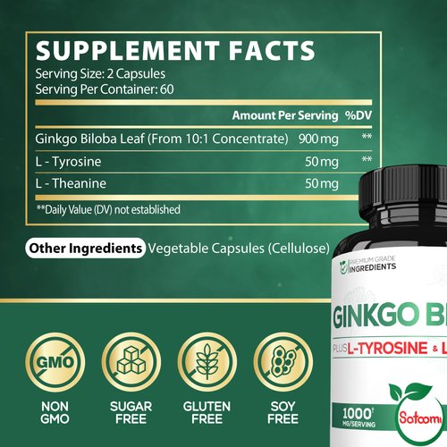 1000mg Ginkgo Biloba Supplements with L-Tyrosine, L-Theanine - 120 Capsules for 2-Month Supply - Support Focus, Mermory Function, Brain Health & Vision Quality