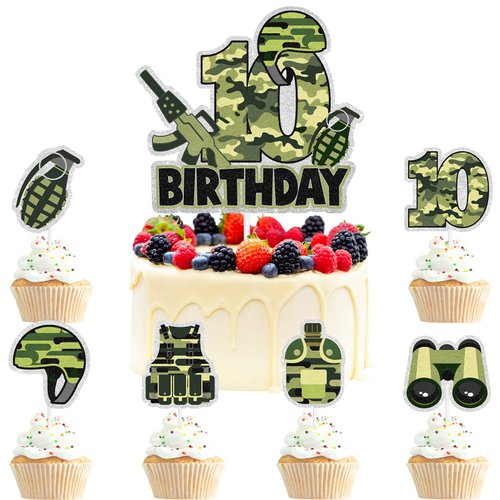 7 Pcs Army Cake Topper Set Kids Military Themed 10th Birthday Happy Navy, Air Force, Military Theme Party, Boys and Girls Birthday Party, Shooting Party Decorations Supplies. LIANGSS