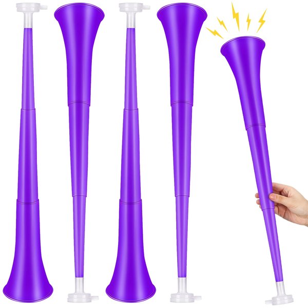 Outus 4 Pieces Collapsible Stadium Horn 24 Inch Vuvuzela Plastic Trumpet Horn Blow Horn Noisemakers for Sporting Events Graduation Games School Sports Party Supplies Favors Accessories (Purple)