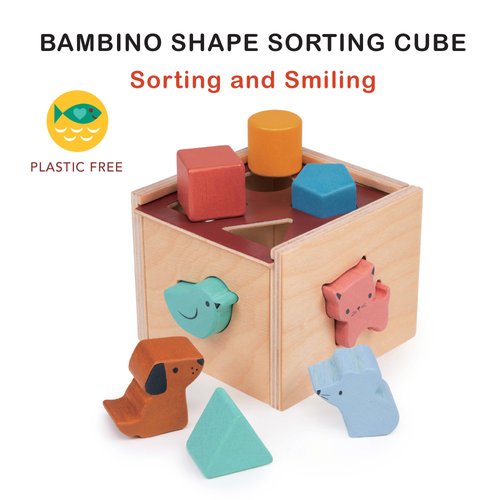 Mentari Toys - Bambino Shape Sorting Cube - Wooden Shape Sorter Toy - Activity Toy with 8 Shapes and Sliding Lid - Toddler Educational Toy - Age 2+