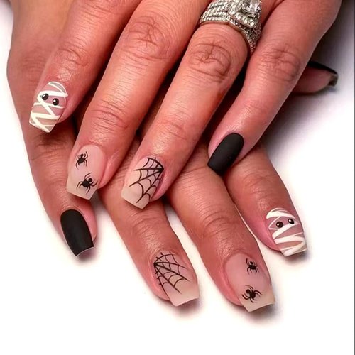 24Pcs Press on Nails Halloween Medium Almond Short Fake Nails with Designs Glossy Artificial French Nail Press ons Reusable Natural Stick on Nails for Fingernails