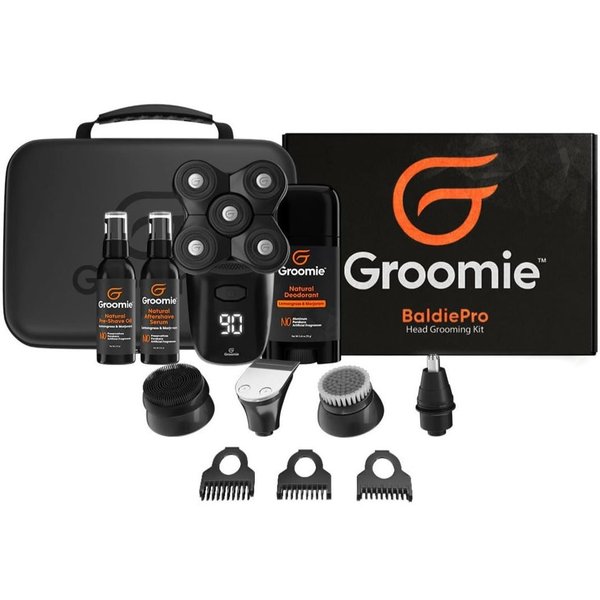 GROOMIE Crispy AF Full Grooming Kit for Bald Men - Includes BaldiePro Electric Razor, Pre-Shave Oil, Aftershave Serum, Deodorant, Case, Charging Cable and Shaving Accessories - 5 Blades
