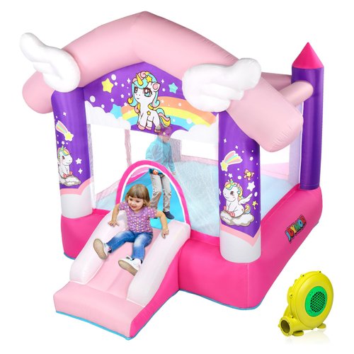 JOYMOR Pink Inflatable Bounce House with Slide, Unicorn Theme Princess Bounce House for Girls Outdoor and Indoor Use, Pink Bounce House for Kids 3-6 (Blower Included)
