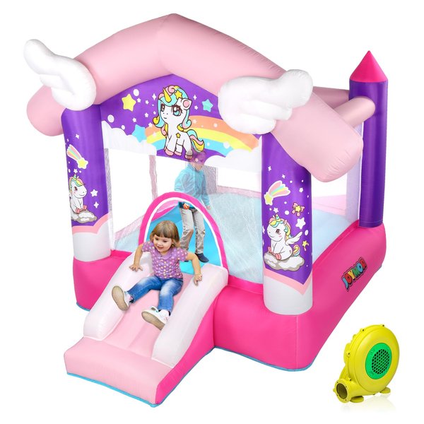 JOYMOR Pink Inflatable Bounce House with Slide, Unicorn Theme Princess Bounce House for Girls Outdoor and Indoor Use, Pink Bounce House for Kids 3-6 (Blower Included)