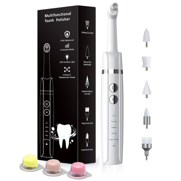 Tooth Polisher, Rechargeable Tooth Whitening Kit for Teeth Cleaning and Whitening, with 3 Tooth Polish Paste and 5 Brush Heads, LED Light, Easy to Use at-Home Personal Dental Care Kit
