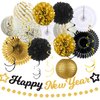 New Years Decorations 2025, Happy New Year Banner Gold Black Paper Lanterns Pom Poms Streamers Garland, New Year Eve Party Supplies 2025
