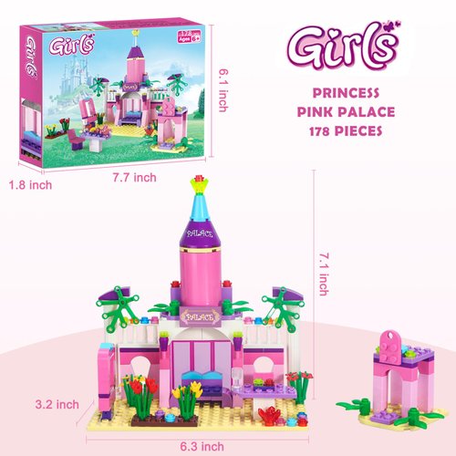 BRICK STORY Girls Princess Castle Building Blocks Toys 178 Pieces Pink Palace Fairy Castle Building Set Girls Friends Construction Toy Castle Playset Great Small GIft for Kids Age 6 7 8 9 10 and up