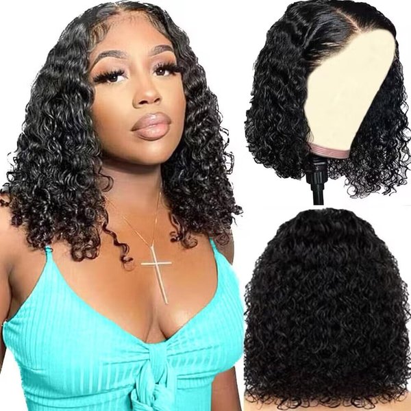 Short Bob Wigs 13x4 Deep Wave Bob Wig Human Hair Deep Curly 100% Brazilian Virgin Human Hair Pre Plucked Natural Hairline Wet and Wavy Transparent Lace Frontal Wigs for Women 16 Inch Natural Color