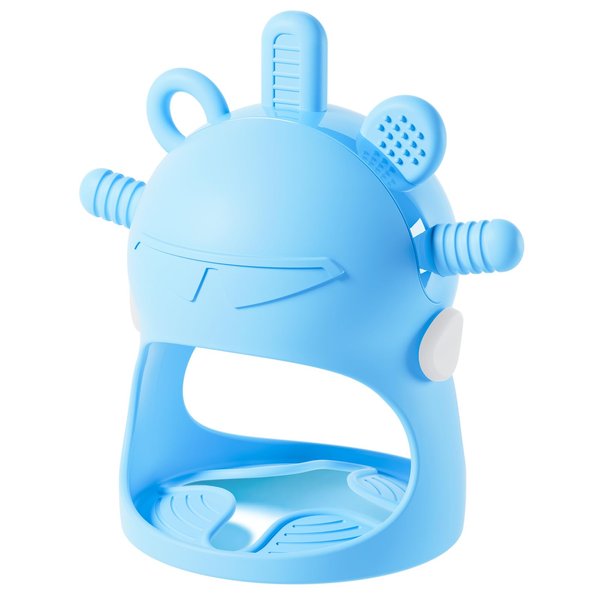 NCVI Baby Christmas Silicone Teether Hand Grip for 0-6 Months, Never Drop Baby Sucking Teething Relief Hand Held, Hand Wrist Chewing Teether Toys Mitten for Infants, BPA Free (Light-Blue Robot)