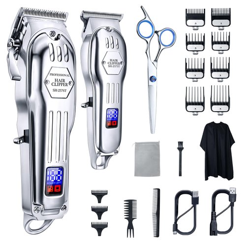 Moorehl Professional Hair Clippers for Men, Cordless Barber Clippers for Hair Cutting Kit, Wireless LCD Display & Silver Metal Casing Hair Trimmers Set, Rechargeable Haircut Machine for Family