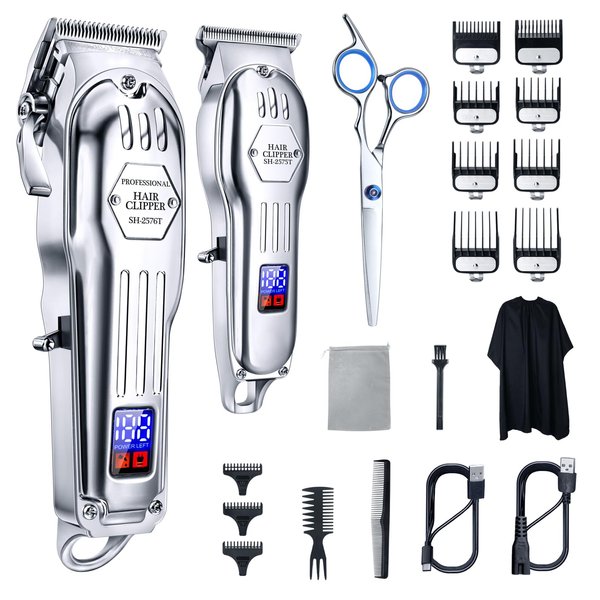 Moorehl Professional Hair Clippers for Men, Cordless Barber Clippers for Hair Cutting Kit, Wireless LCD Display & Silver Metal Casing Hair Trimmers Set, Rechargeable Haircut Machine for Family