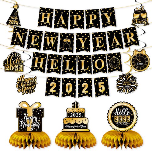 New Year Decorations 2025, Hello 2025 Banner Happy New Year Banner with Hanging Swirls Honeycomb Centerpieces for New Years Eve Party Supplies 2025