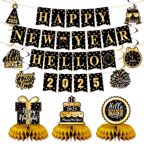 New Year Decorations 2025, Hello 2025 Banner Happy New Year Banner with Hanging Swirls Honeycomb Centerpieces for New Years Eve Party Supplies 2025