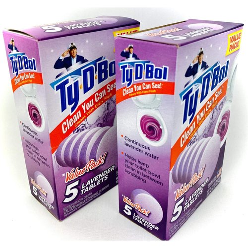 Ty D Bol Toilet Cleaning Tablets with Continuous Clean With Lavender color to deodorize your Toilets for a Fresh Smelling Bathroom 10 tabs (2-5 count packs)