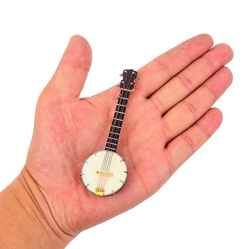 Dselvgvu Miniature Banjo with Stand and Case Mini Musical Instrument Collectible Mini Banjo Replica Miniature Dollhouse Model Christmas Ornament (3.94"x1.31"x0.55")