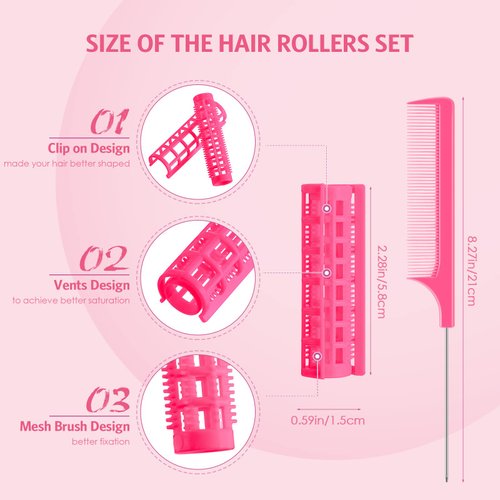 24 Pieces Hair Roller, Small Size Plastic Hair Rollers Hair Curlers with Steel Pintail Comb for Short Hair Long Hair Hairdressing Styling Tools (0.59 x 2.28 Inch, Pink)