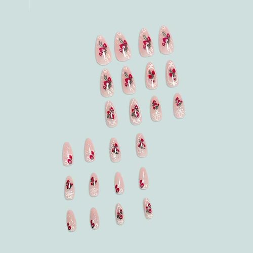 Enppode Pink Press on Nails Medium Fake Nails Almond Nails with Strawberry Design Glossy Stick on Nails Full Cover Nails 24 PCS/Set