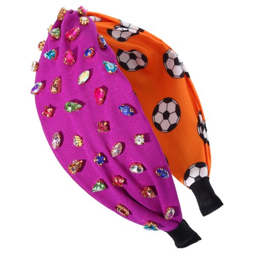 HZEYN Game Day Headband Crystal Rhinestone Knotted Soccer Football Headband Sports Game Party Hair Accessories (Purple Orange Soccer Ball)